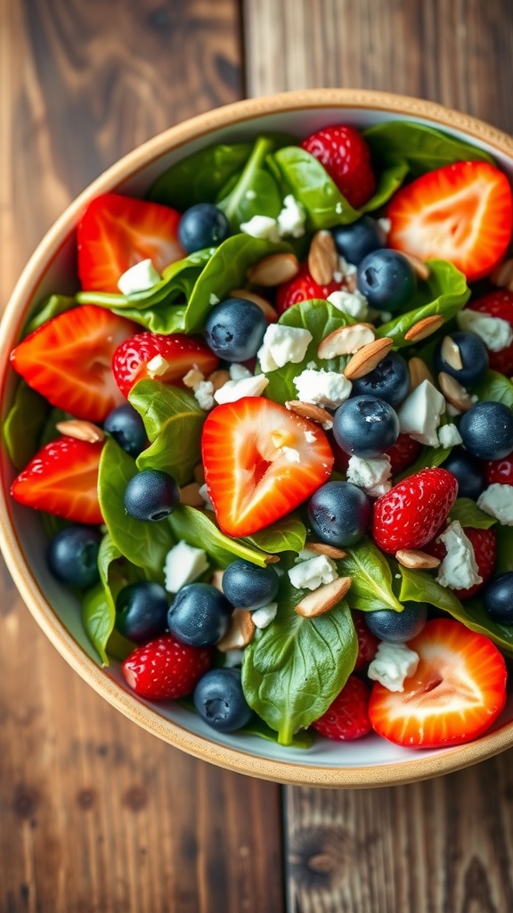 Refreshing Berry and Spinach Salad with Feta A colorful bowl of spinach salad with mixed berries and feta on a wooden table.